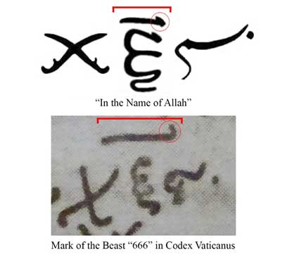 In the name of Allah text versus the Mark of the Beast 666 symbol from Codex Vaticanus